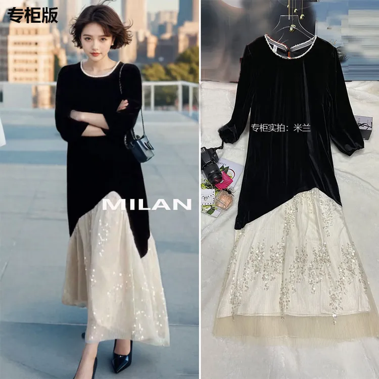 财阀千金女装网红明星款洋气裙子气质显瘦优雅长裙亮片丝绒连衣裙