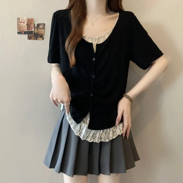 法式蕾丝边拼接假两件短袖T恤女夏季大码胖mm正肩遮肚子显瘦上衣