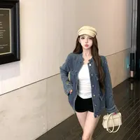 老钱调小众肌理感牛仔外套新款气质花呢蓝色小香风短款夹克2231