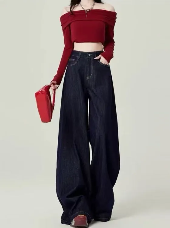 丹宁蓝牛仔裤女春秋季2025年新款时尚潮流休闲百搭宽松阔腿裤