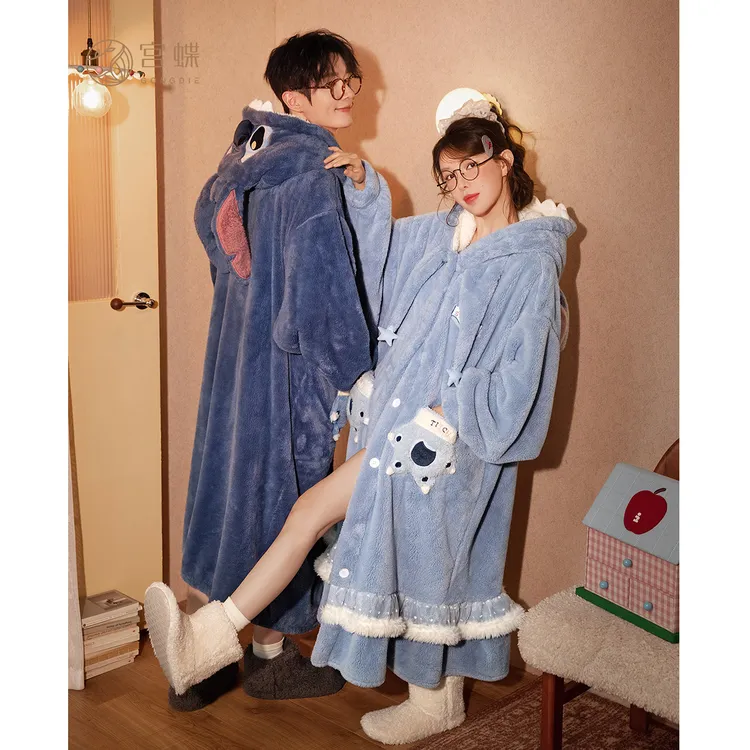宫蝶【正版联名】迪士尼史迪仔冬季珊瑚绒款情侣睡袍女卡通家居服男