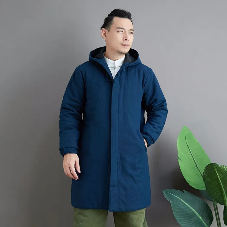 男士棉衣苎麻布料中长款连帽冬季外套中国风盘扣棉服加厚保暖棉袄