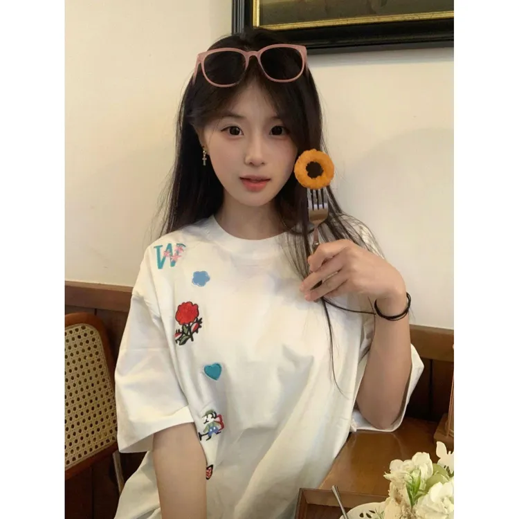 夏季运动休闲街头ins风重工刺绣短袖t恤女宽松百搭慵懒风潮牌上衣