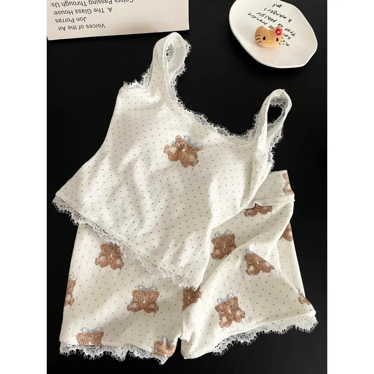 韩系甜美波点小熊带胸垫吊带睡衣女夏季少女新款套装外穿家居服