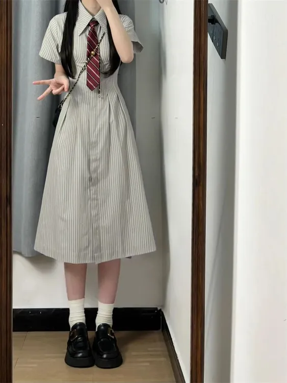 夏季新款polo领条纹衬衫连衣裙森系学院风显瘦学生裙子12-15岁