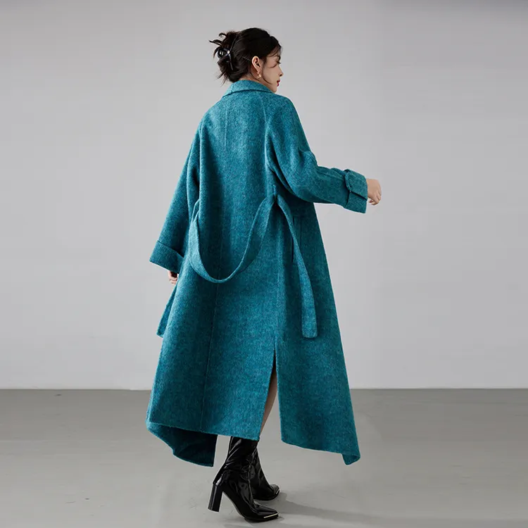 蓝色双面羊绒大衣女中长款慵懒风高端气质经典大翻领羊毛呢外套