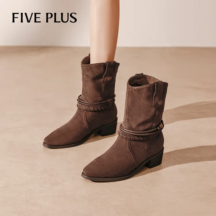 FIVE PLUS棕色短筒靴女2025年冬季新款复古美拉德尖头瘦瘦堆堆靴