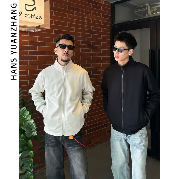 Hans院长 纯色外套修身简约拉链开衫夹克男款休闲男士运动