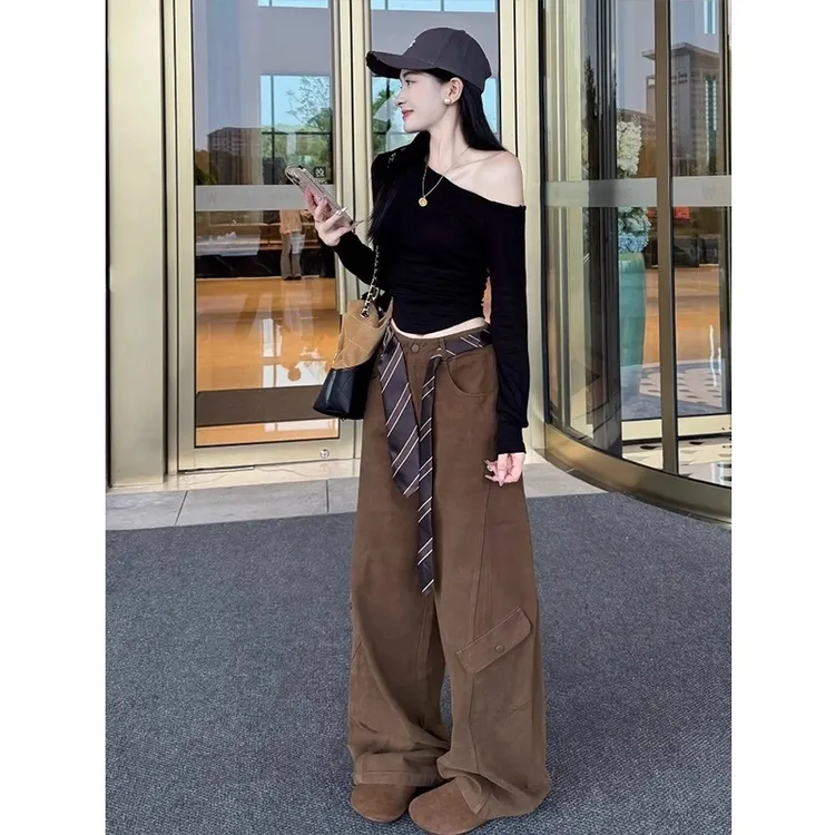 美式复古工装弯刀牛仔裤女秋季2025新款高腰宽松显瘦直筒阔腿裤子