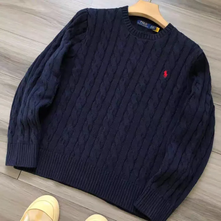 美式休闲加厚麻花男士宽松针织衫polo套头秋冬季圆领针织毛衣打底
