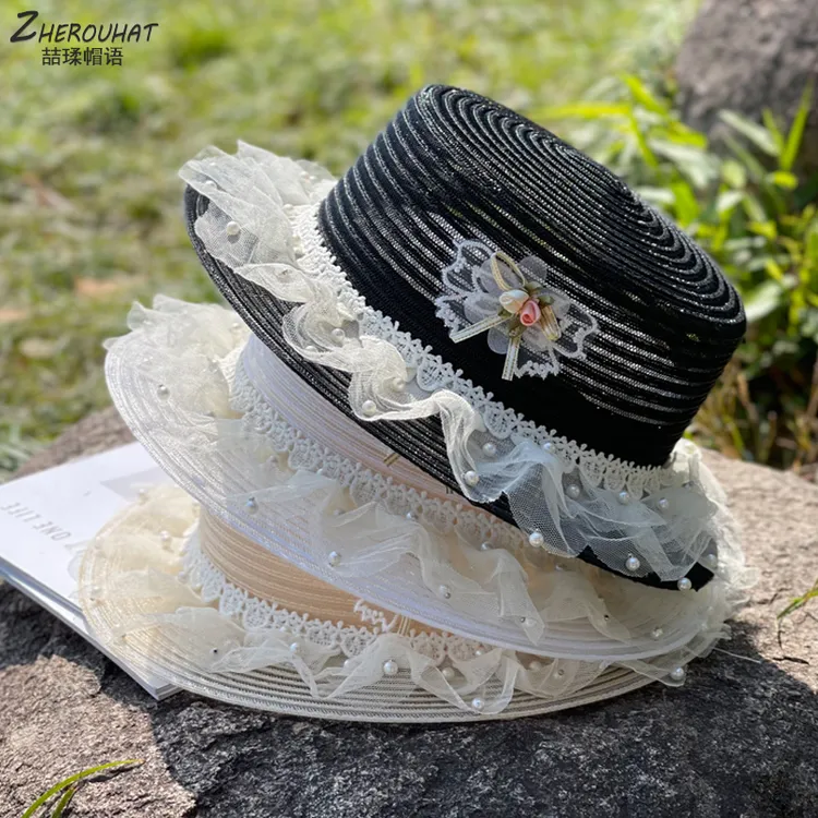 平顶草帽女2025新款夏季户外出游百搭度假遮阳沙滩帽蕾丝花边礼帽