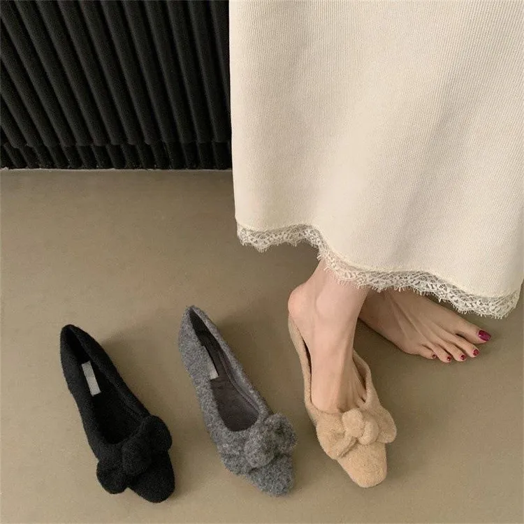 啄木鸟甜美可爱蝴蝶结瓢鞋平底鞋秋季法式女鞋软底加绒单鞋毛毛鞋