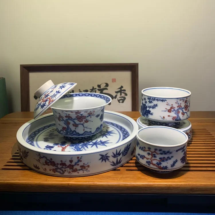 景德镇松针竹梅釉下五彩青花瓷功夫茶具家用盖碗壶承茶杯高档茶具