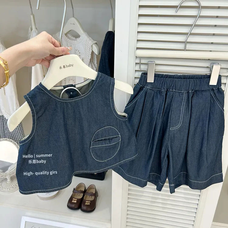【乐恩baby】2025春夏女童洋气休闲背心牛仔开衫阔腿裤宝宝时髦套装