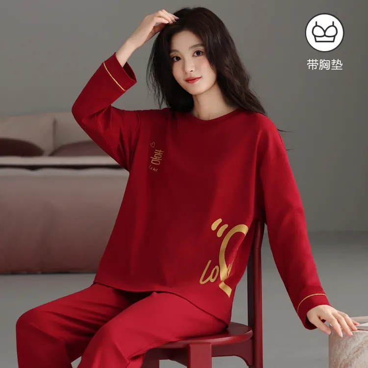 100%纯棉长袖睡衣女春秋季家居服套装秋冬红色带胸垫本命年结婚