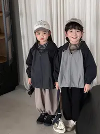2025秋季新品韩版男女童撞色连帽夹克外套百搭宽松洋气上衣jy2549