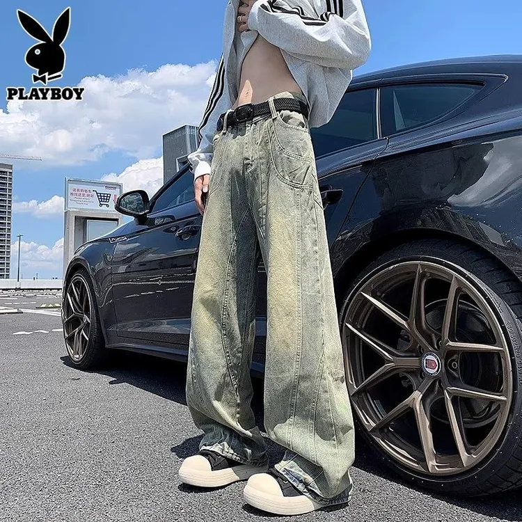花花公子弯刀牛仔裤男士夏季潮牌高街阔腿裤美式宽松休闲百搭长裤