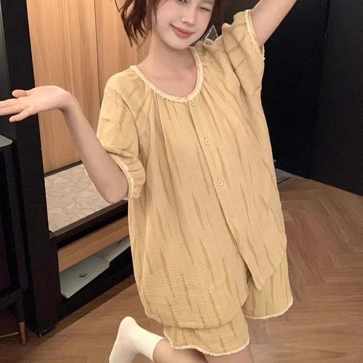 GPSUNLU睡衣女夏季新款短袖短裤韩版简约休闲甜美条纹宽松家居服