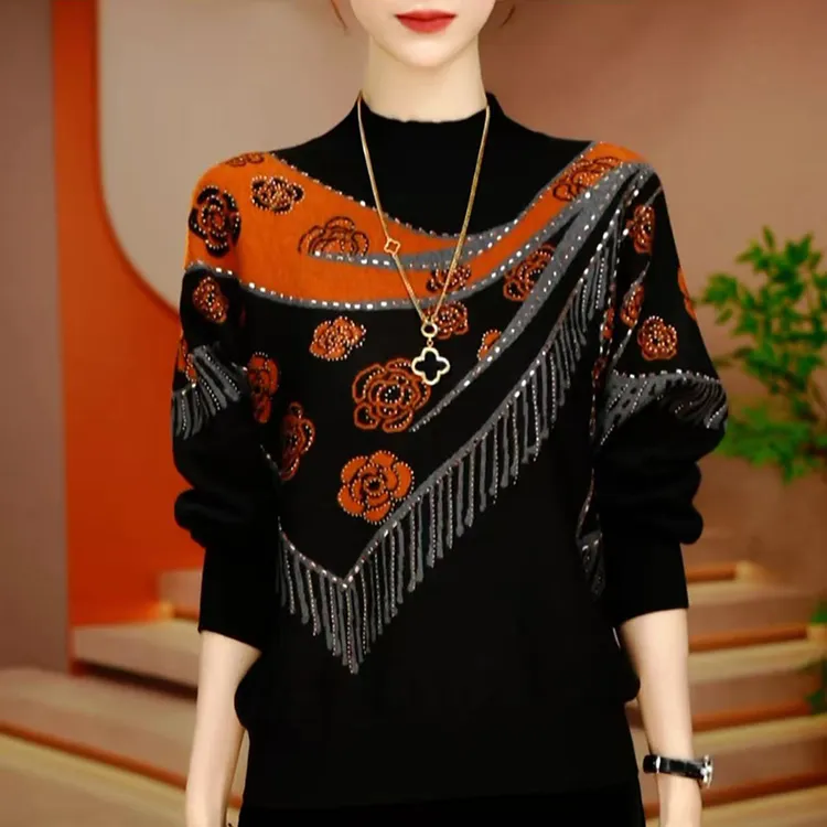 秋冬季气质潮流宽松长袖针织中老年妈妈减龄时尚休闲高档打底毛衣