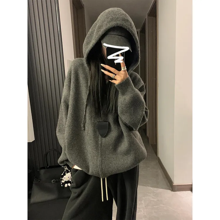 慵懒老钱风灰色拉链连帽毛衣外套女秋冬季新款软糯厚针织卫衣开衫