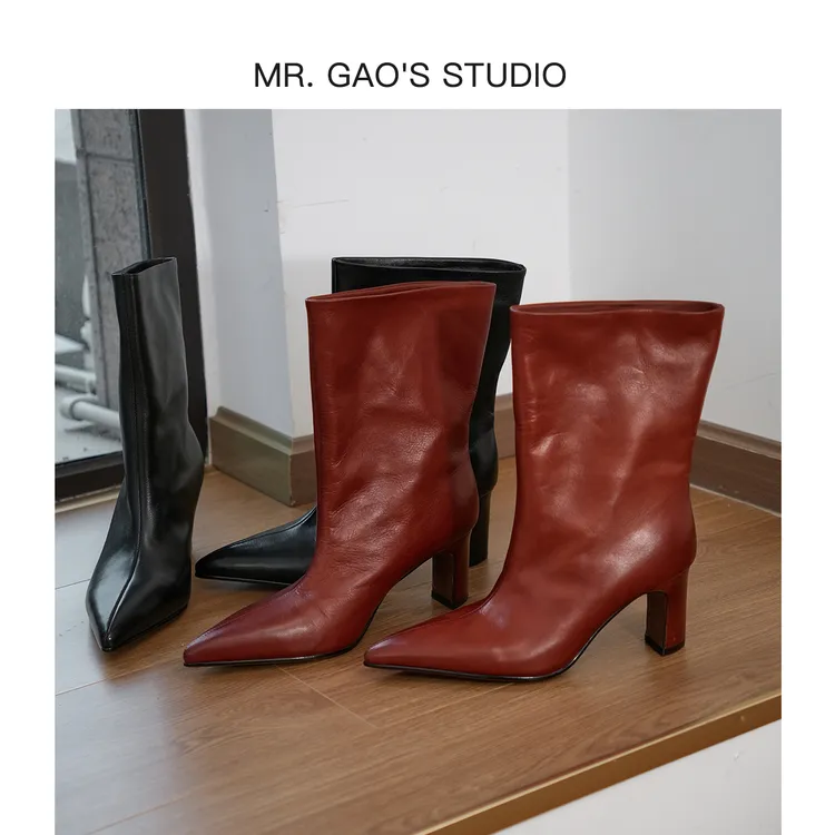 7cm短靴秋冬新款时尚气质尖头时装靴高跟百搭粗跟真皮短靴女靴