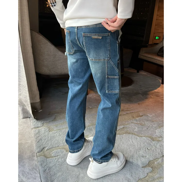 【拼接牛仔】痞帅男装秋冬款四面弹力烟灰修身直筒长牛仔裤子男款
