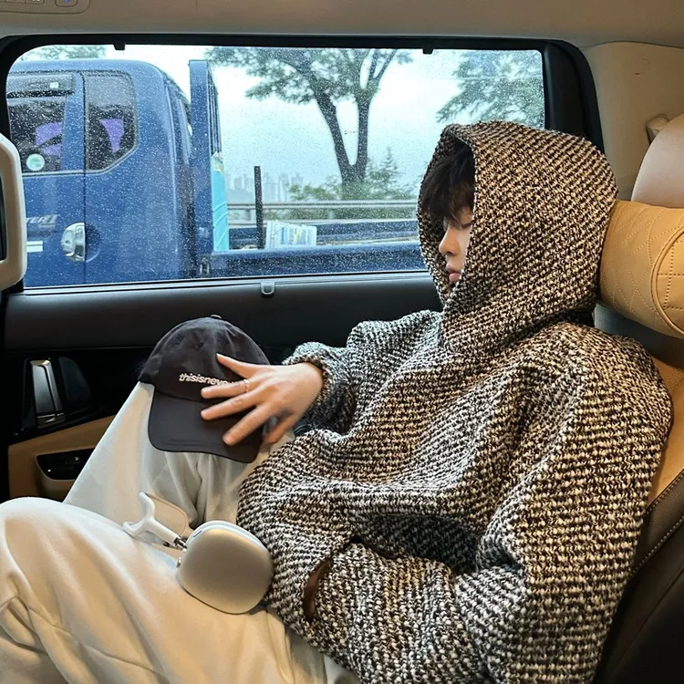 潮牌小香风连帽卫衣男春秋潮流重磅花呢宽松网红洋气炸街男装长袖