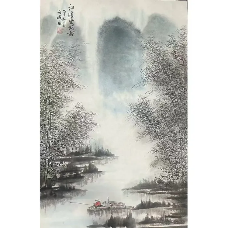 水墨竹子四尺三开68*45厘米纯手绘原创国画江边小景客厅卧室书房