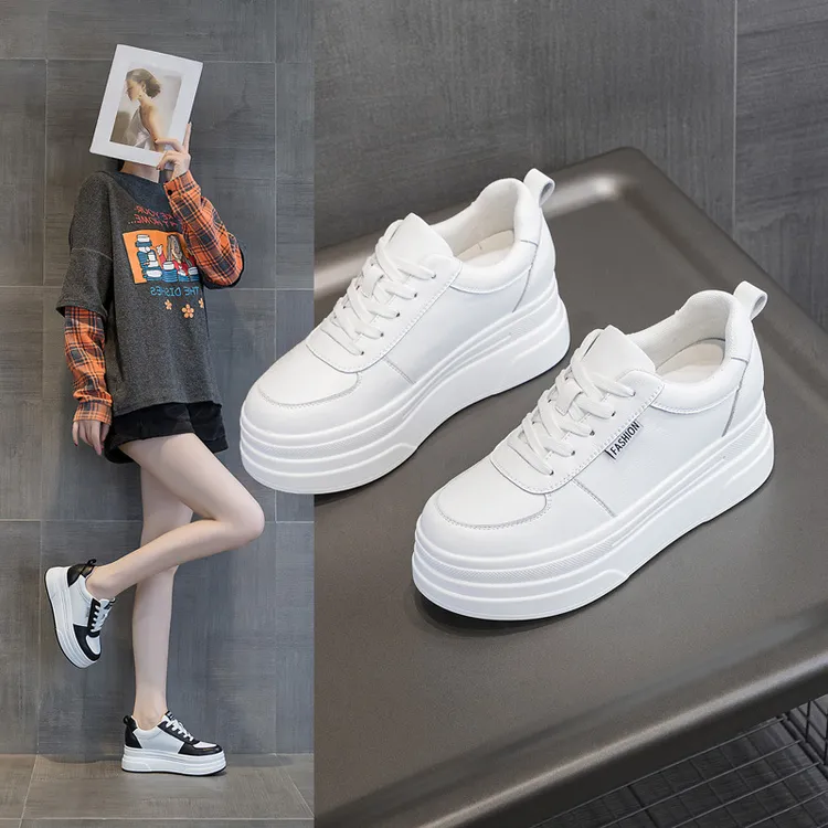 2025秋季真皮女鞋小个子板鞋百搭单鞋松糕厚底增高小白单鞋透气