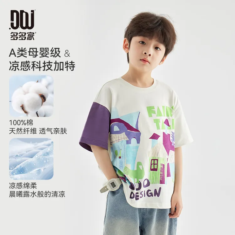多多家10466【A类.全棉印花T】中大童男童夏季童话小屋大版印花短T