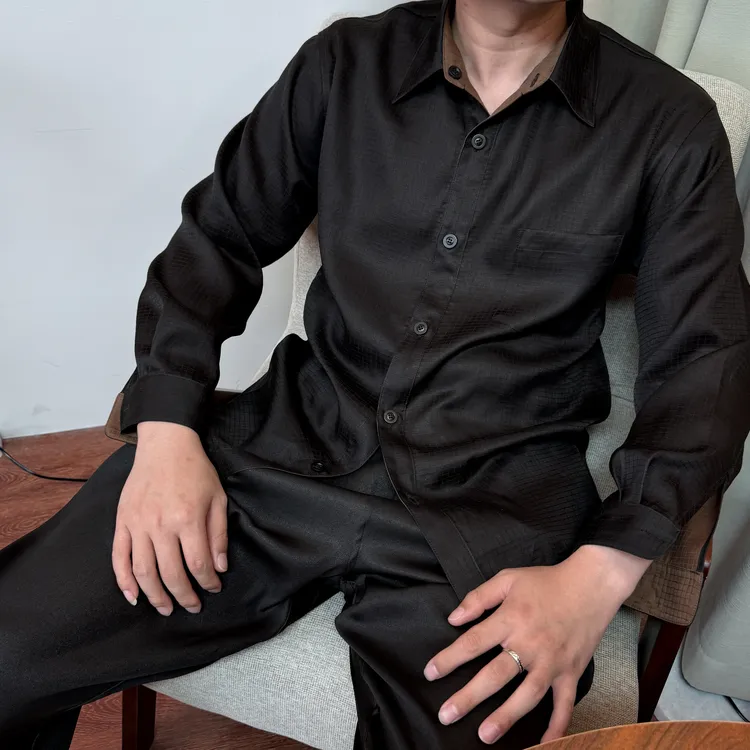 月下扬帆2598秋季新款提花缎香云纱100%桑蚕丝翻领休闲长袖男衬衫