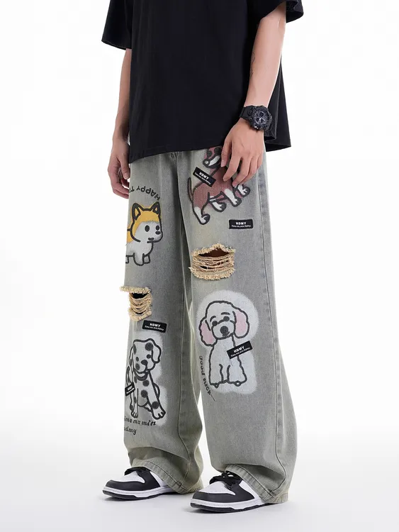 原创夏季美式复古涂鸦狗狗设计破洞水洗泥黄色牛仔裤宽松直筒阔腿