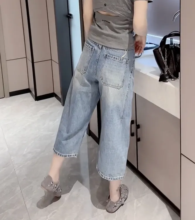 艾塔莉高腰牛仔阔腿裤女夏季新款显瘦宽松大码八分裤百搭直筒裤