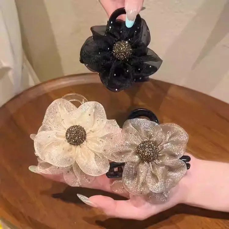 (三个)网纱水钻花朵太阳花抓夹(8厘米)马尾丸