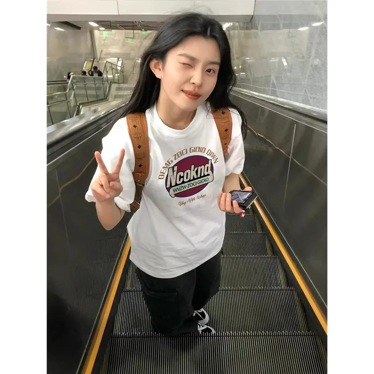 短袖t恤女2025新款爆款夏季纯棉白色正肩设计感美式半袖宽松上衣