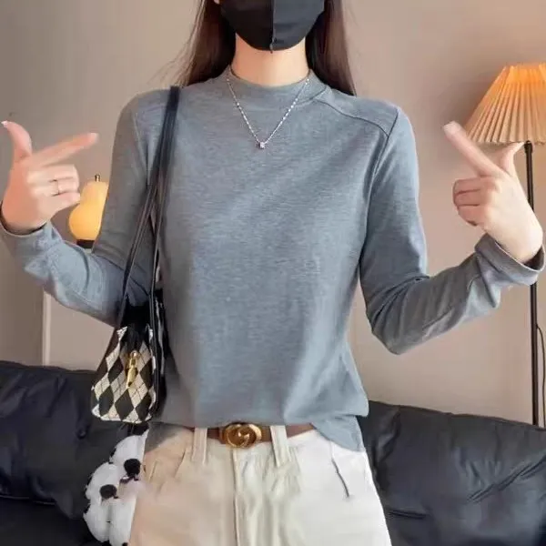 半高领鱼骨长袖t恤女2025新款春秋修身百搭打底衫显瘦中领上衣潮