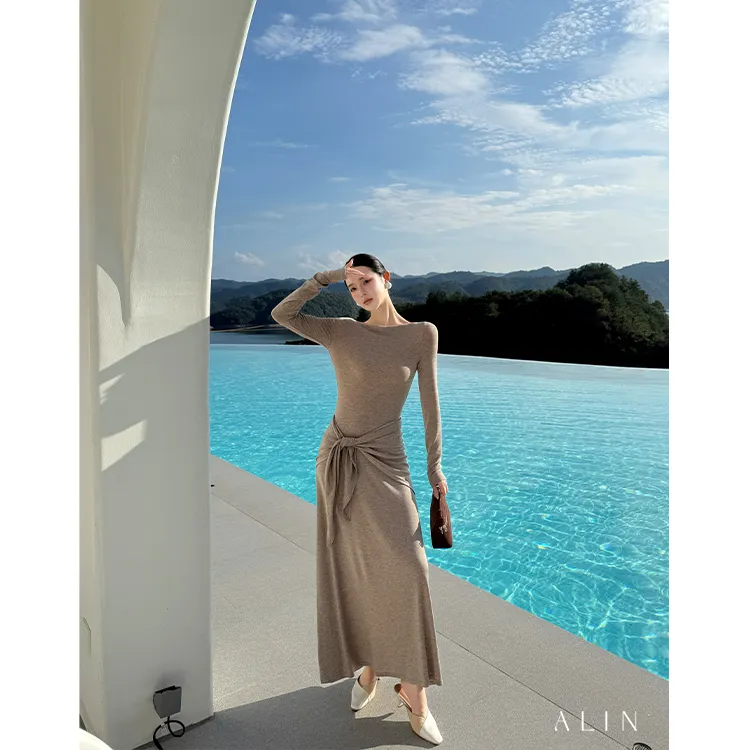 阿琳ALIN【缪斯之语】天丝羊毛显瘦连衣裙女同色绑带真俩件AL5OBL10