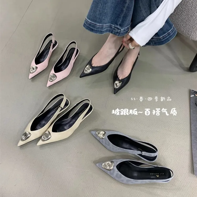 包头爆款粉色飞机鞋尖头坡跟凉鞋女外穿春季高跟鞋低跟浅口单鞋