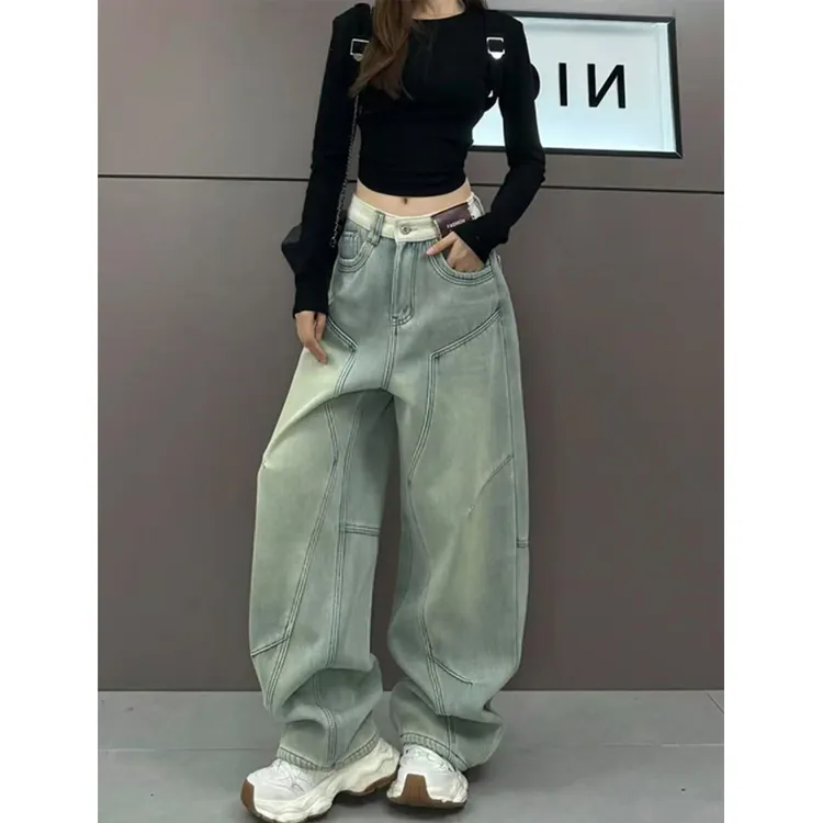 设计感弯刀牛仔裤女2025秋冬新款美式遮肉拼接高腰阔腿直筒拖地裤