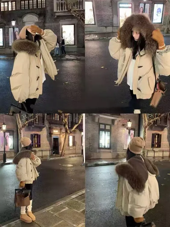 【圆脸鹿】韩系东大门连帽大毛领棉服外套冬季加厚保暖设计感牛角扣短款棉衣