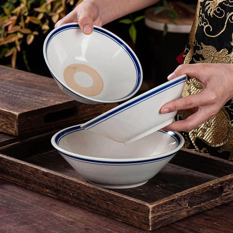 欣睿复古风中国风瓷碗6英寸釉下彩耐热汤碗陶瓷斗笠手绘蓝边老碗