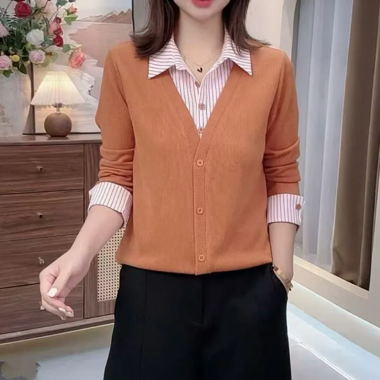 秋季新款假两件长袖拼接衬衫领女时尚百搭减龄Z显瘦外穿上衣21105