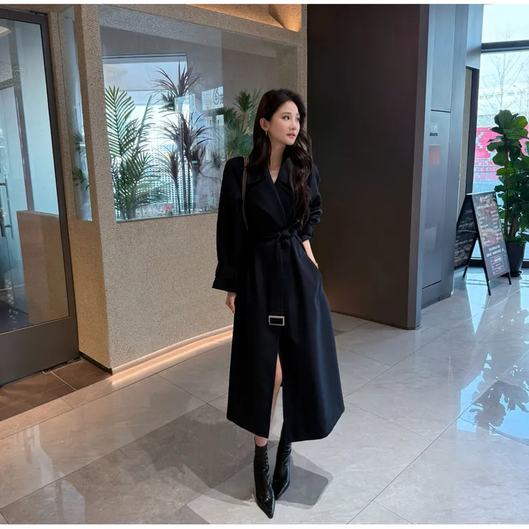 2025秋季新款复古气质时尚翻领系带小个子风衣中长款外套女F507