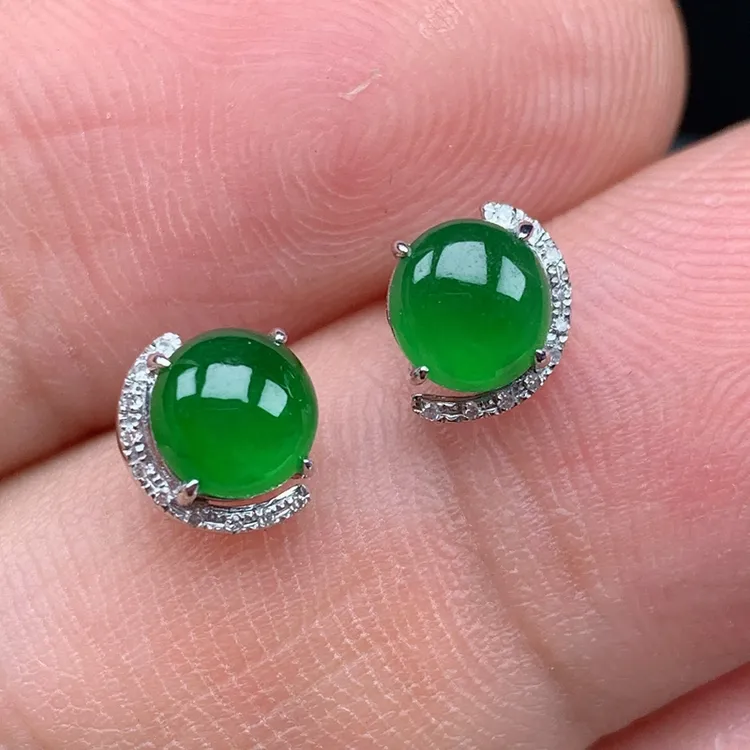 镶嵌18K金伴钻缅甸纯天然翡翠玉石老坑冰种阳绿色戒面耳钉送礼