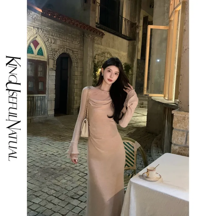 KUN【优雅弧度】感受美丽 银丝针织蕾丝显瘦气质淡粉色秋冬连衣裙