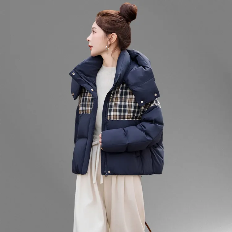 短款格子拼接羽绒服女2025冬季新款宽松休闲白鸭绒加厚面包服外套