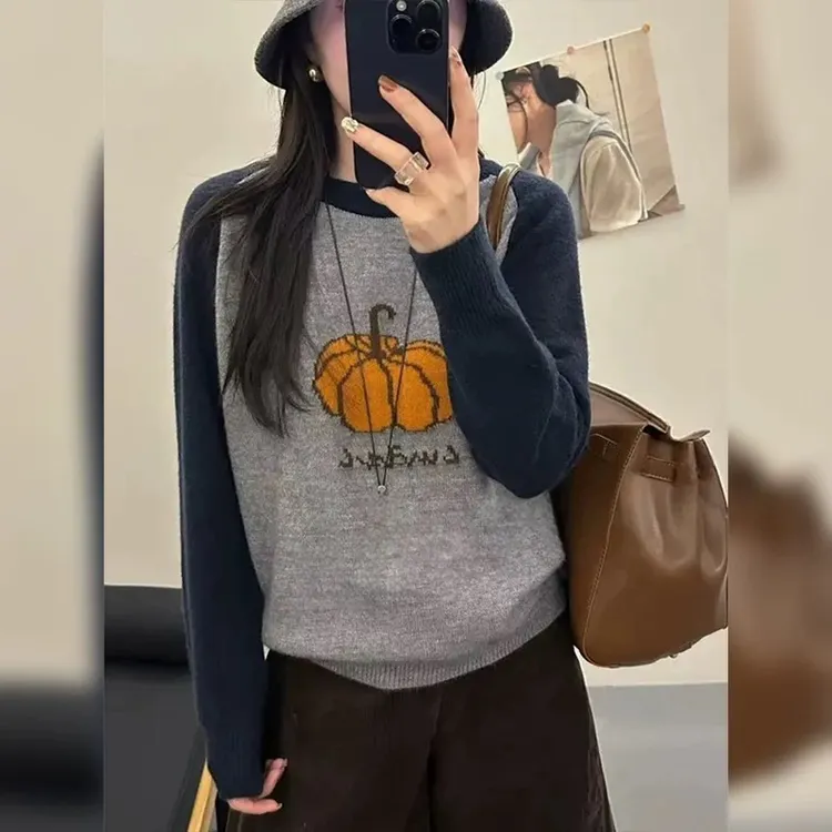 南瓜提花插肩袖撞色圆领长袖针织衫秋冬季新款上衣宽松韩版毛衣女