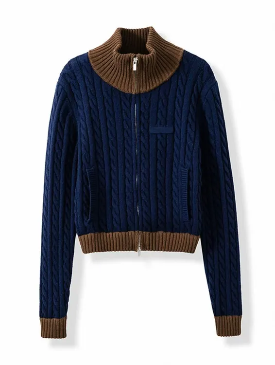 2025新款字母贴布翻领拉链针织开衫女秋冬新款羊毛麻花外套