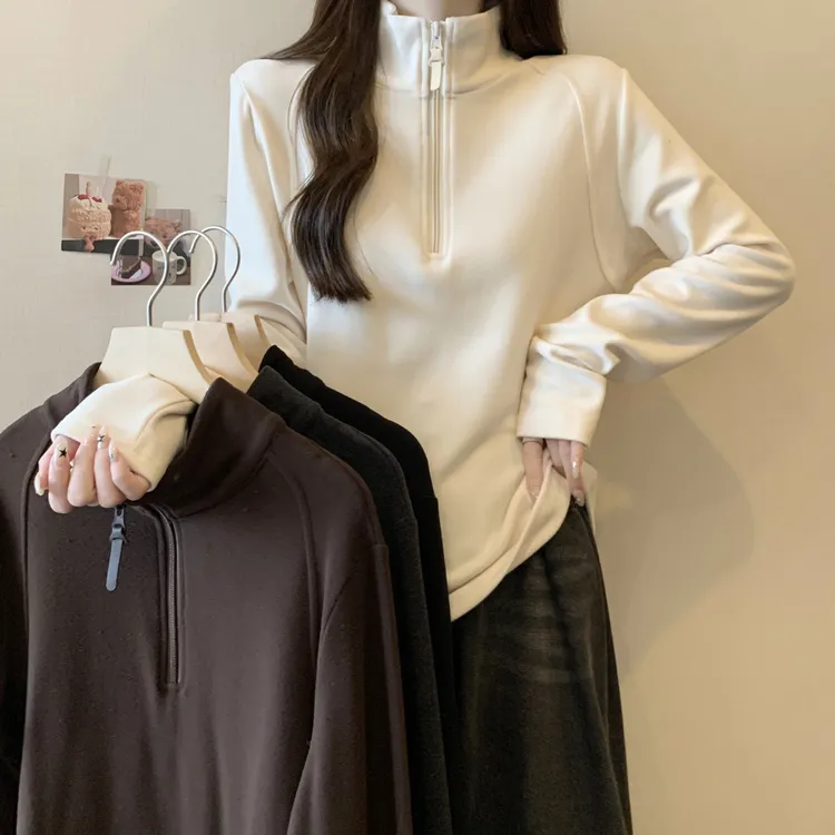 大码拉链立领加厚磨毛卫衣女秋冬内搭打底衫设计感短款上衣