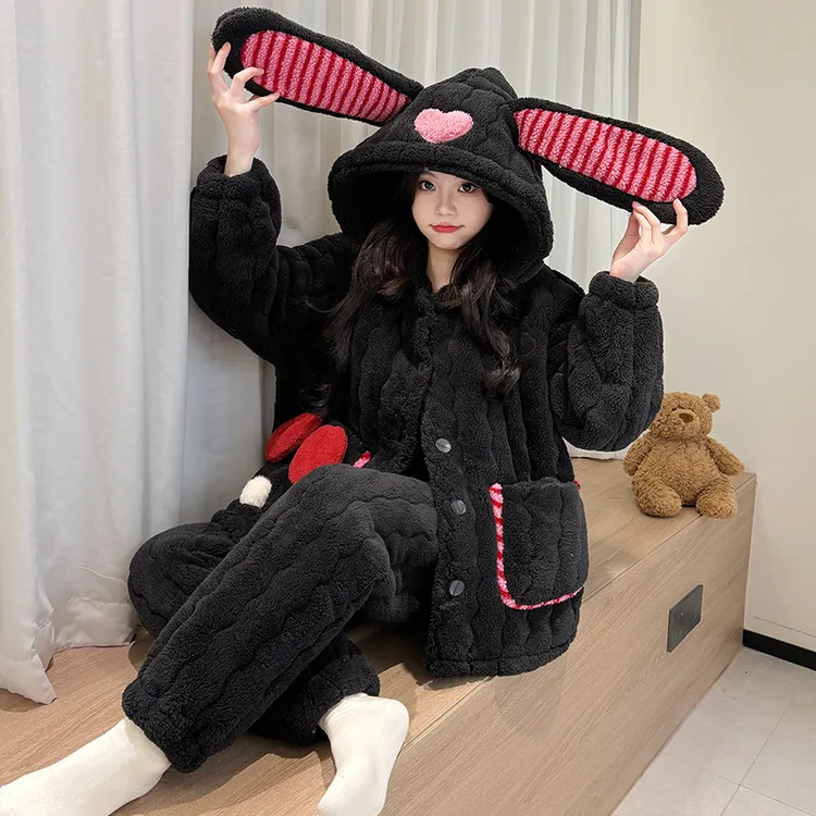 2024年新款加绒加厚珊瑚绒秋冬季睡衣女保暖三层夹棉家居服套装